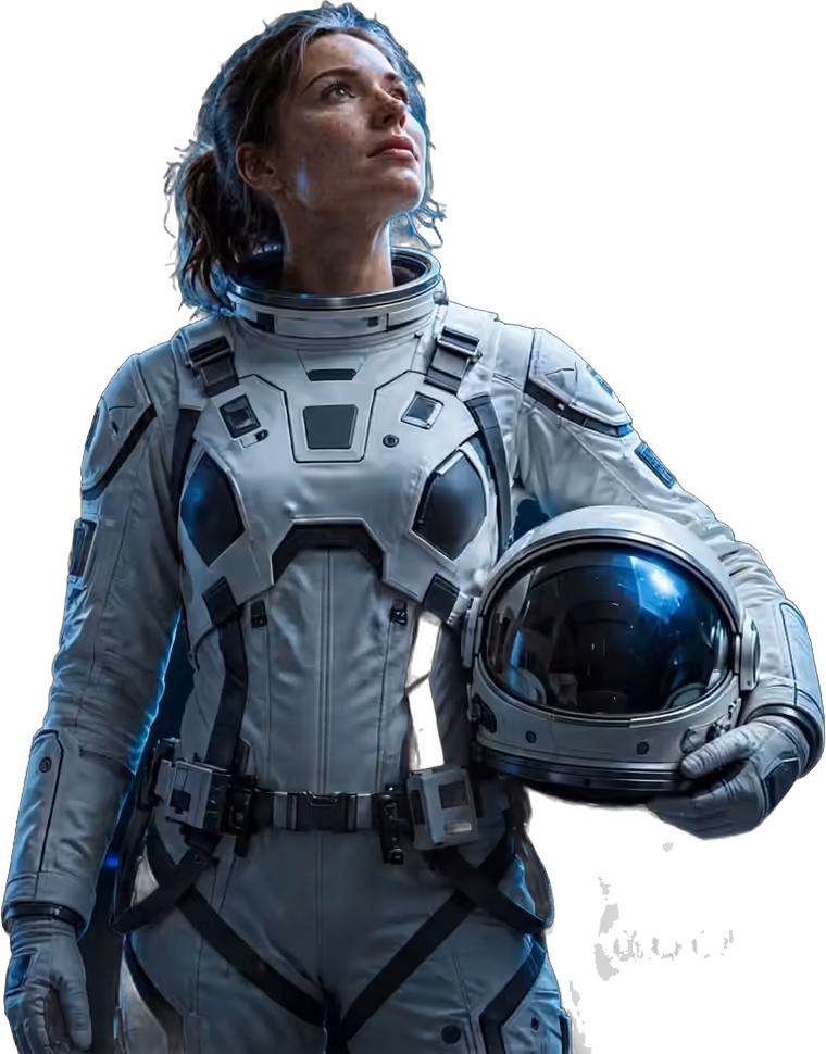 Astronauta segurando o capacete, olhando para cima, em meio a luz azul e linhas de código